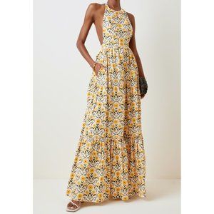 Agua Bendita Naranja Mimosa Maxi Dress Yellow Floral Print Gown Halter Neck M
